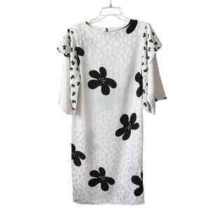 Vtg 70s Young Edwardian Arpeja White black large Floral Print Shift Dress small